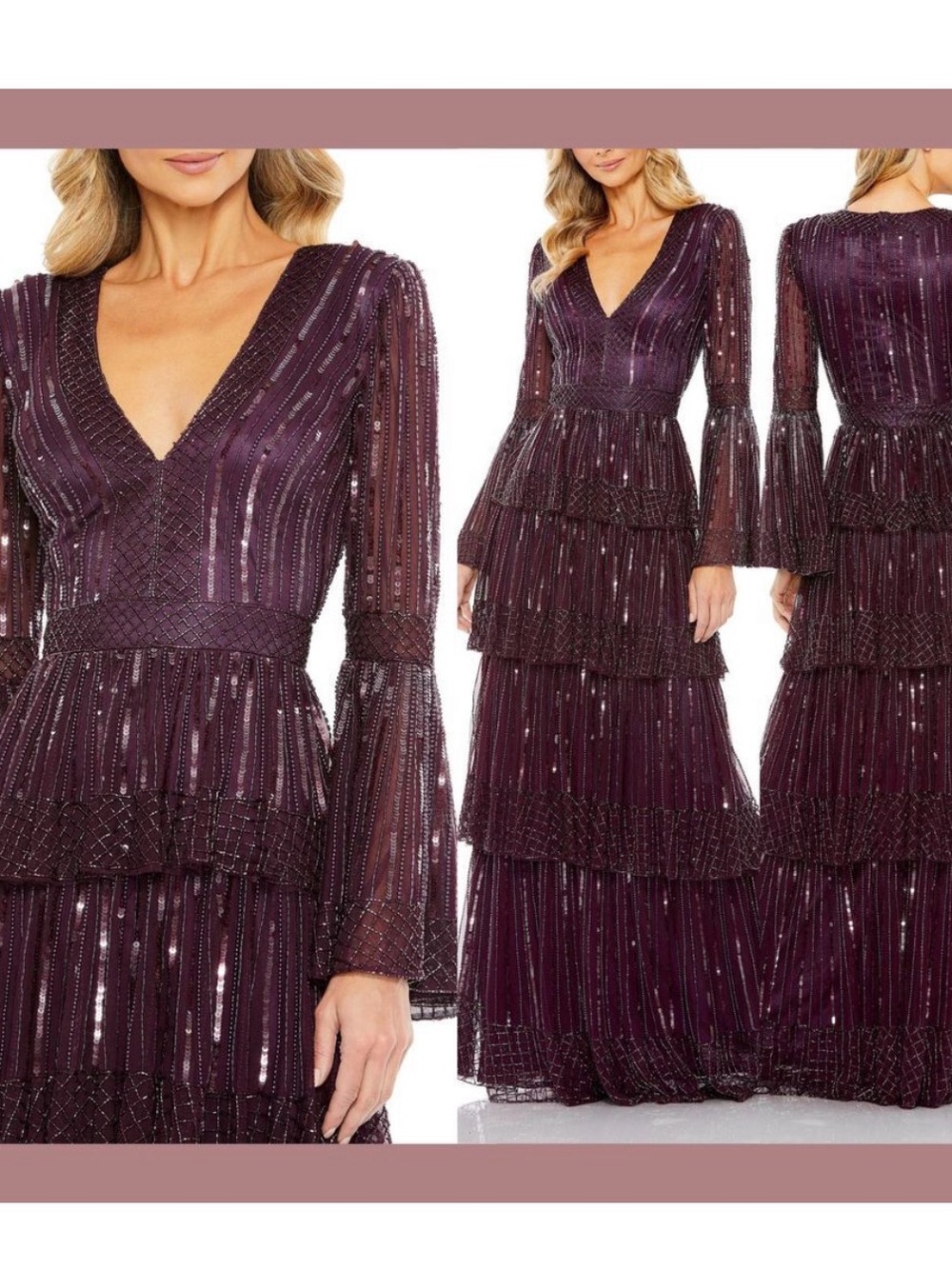 Mac Duggal Plum Tiered V-Neck Sequined Maxi Dress size 6. Like new